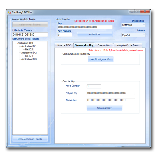Programa de lectura y grabación de tarjeta MIFARE DESFire